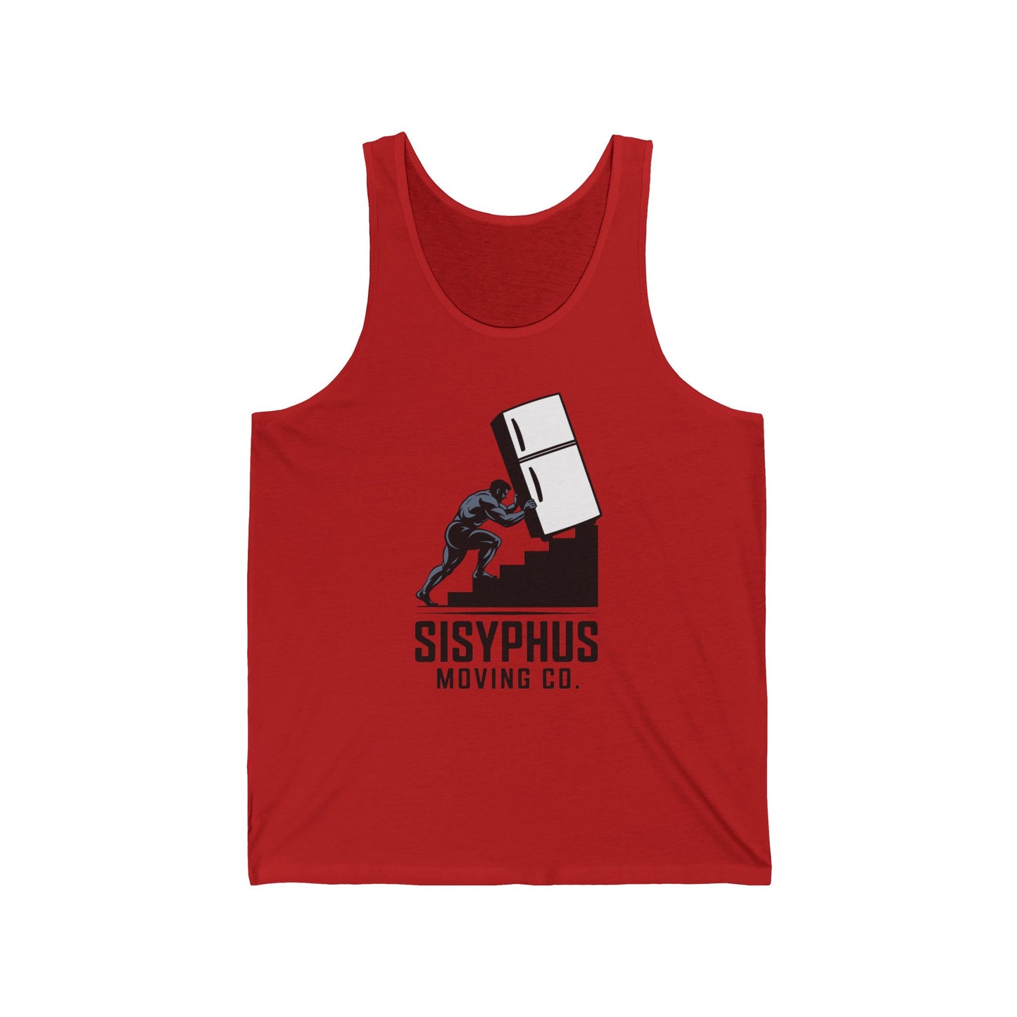 Red tank top with a graphic design and text on a white background