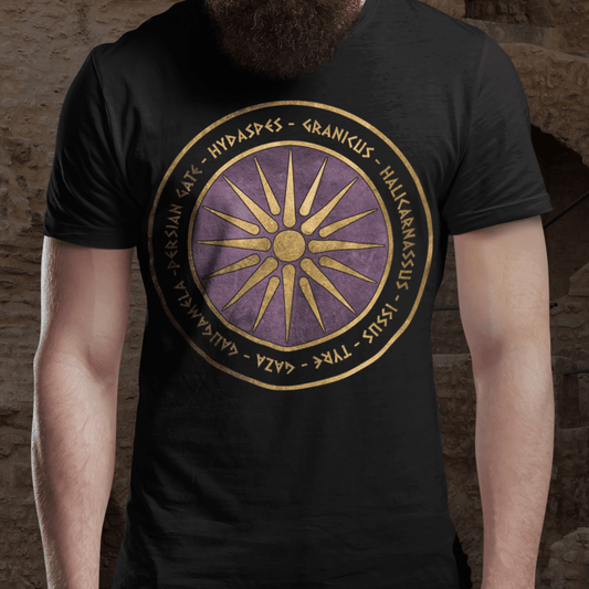 Black / S Alexander the Great Battles Macedonian Shield T-shirt
