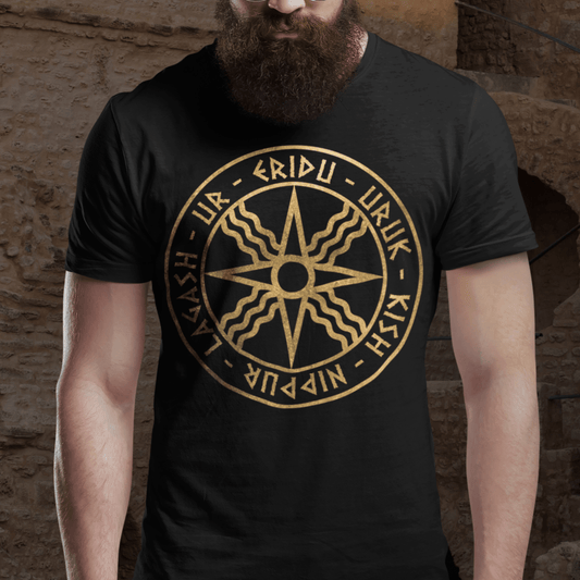 Black / S Sumer Ancient Mesopotamian Cities God Utu Symbol T-Shirt