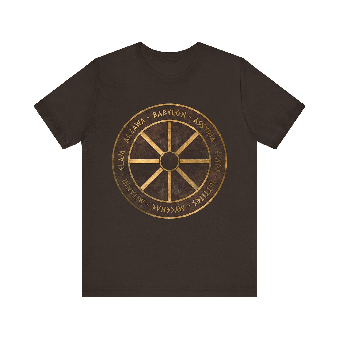 Brown / S Bronze Age Powers Ancient Civilizations Chariot Wheel Symbol T-Shirt