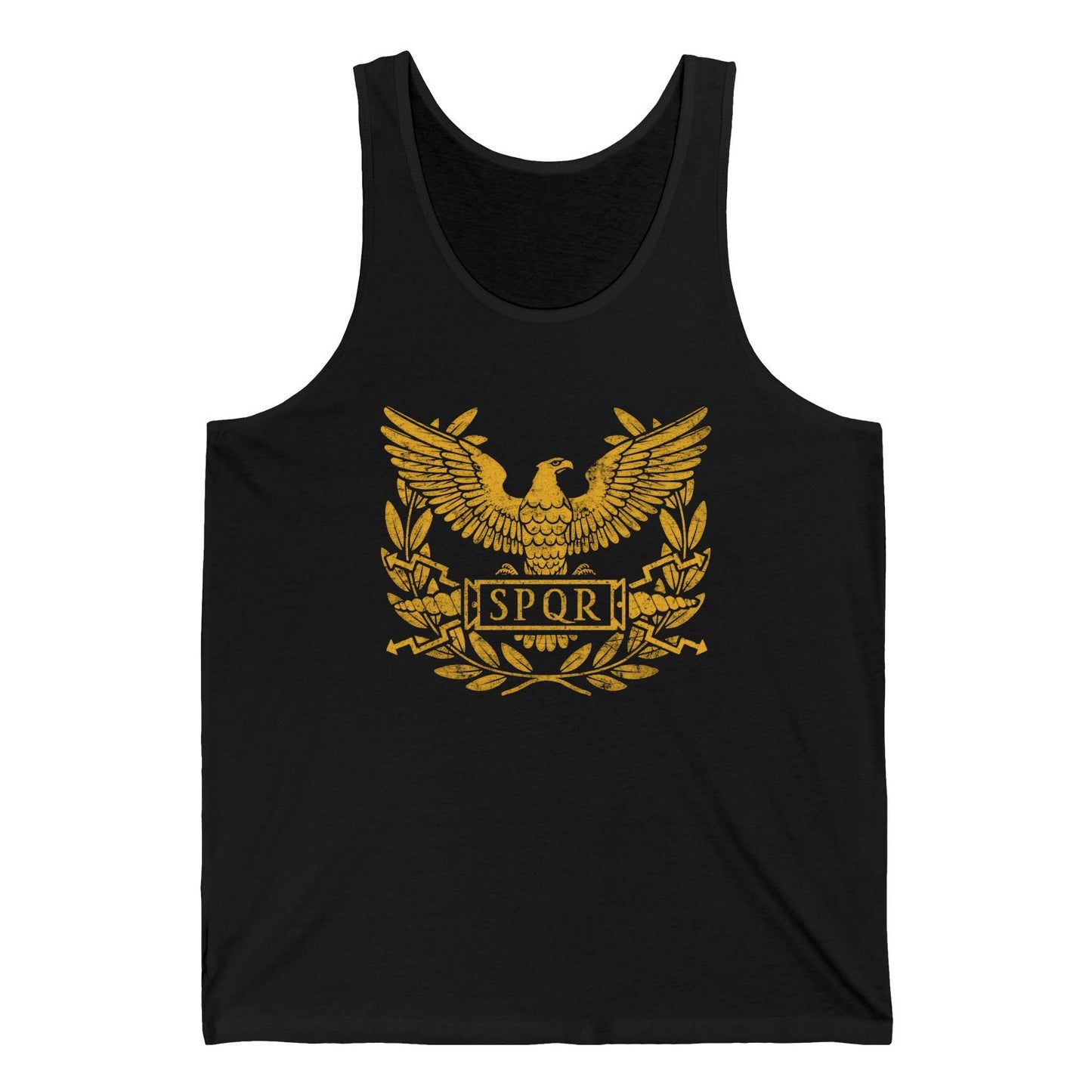 Black tank top with gold eagle and 'SPQR' design on a white background