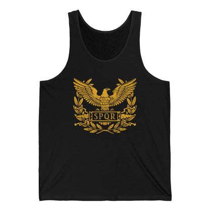 Black tank top with gold eagle and 'SPQR' design on a white background
