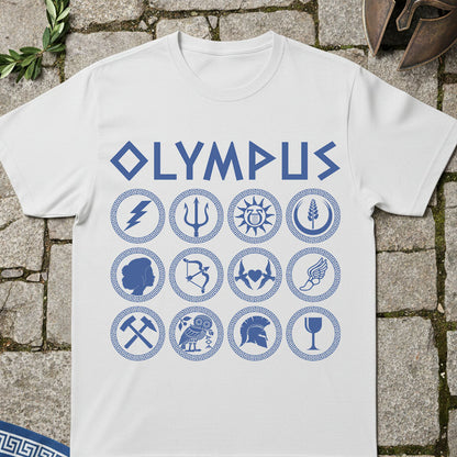 White t-shirt with blue 'Olympus' symbols on a stone surface