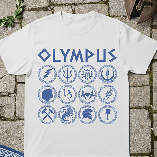 White t-shirt with blue 'Olympus' symbols on a stone surface