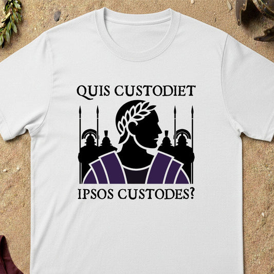 Quis Custodiet Ipsos Custodes? White t-shirt with a graphic design featuring a silhouette of a Roman emperor and text on a sandy background.