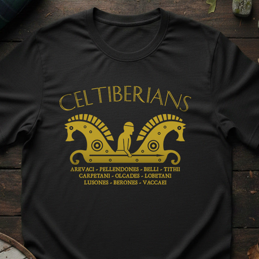 Black t-shirt with gold 'Celtiberians' design on a wooden surface