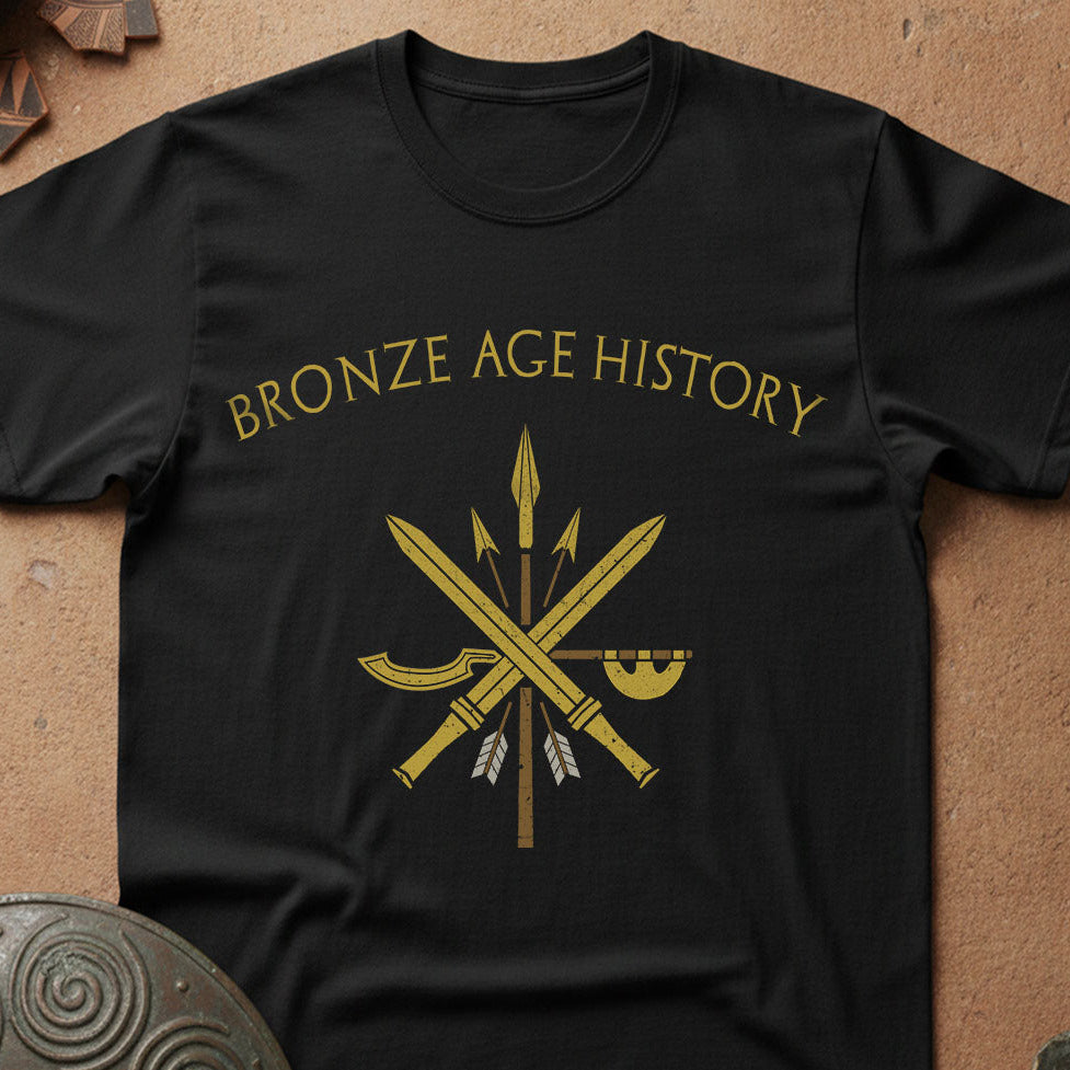 Black t-shirt with 'Bronze Age History' text and weapon design on a textured surface.