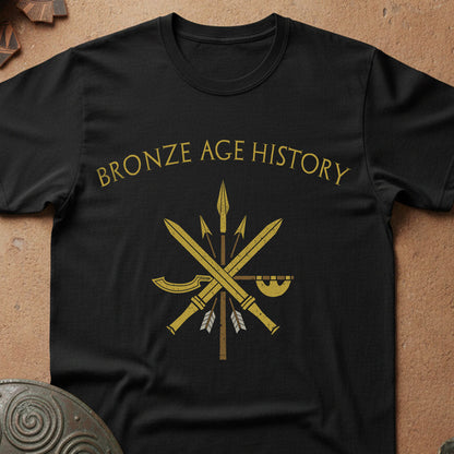 Black t-shirt with 'Bronze Age History' text and weapon design on a textured surface.