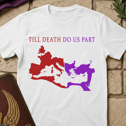 White t-shirt with red and purple map design and 'Till Death Do Us Part' text on a stone surface.