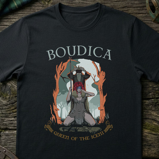 Black t-shirt with 'BOUDICA Queen of the Iceni' design on a wooden surface