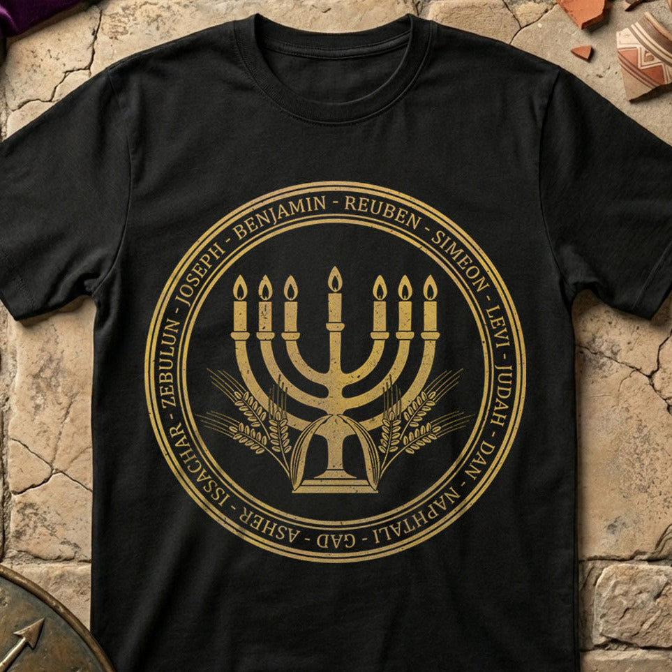 12 Tribes of Israel Black t-shirt with gold menorah design and Hebrew text on a stone surface