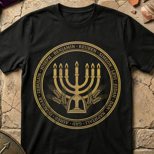12 Tribes of Israel Black t-shirt with gold menorah design and Hebrew text on a stone surface