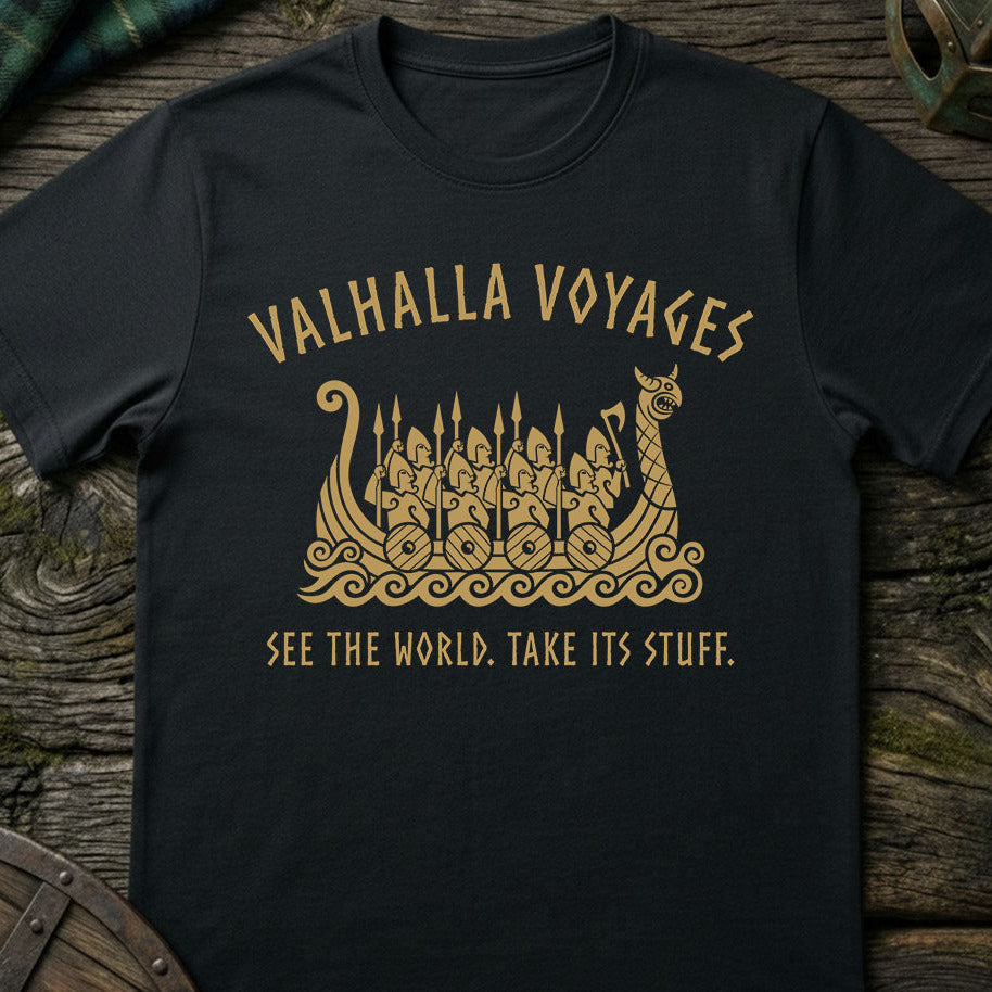 Valhalla Voyages Funny Viking T-shirt in Black