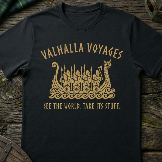 Valhalla Voyages Funny Viking T-shirt in Black