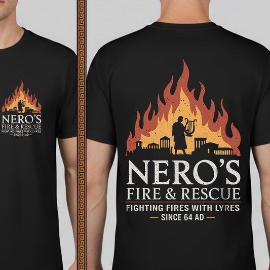 Black t-shirt with 'Nero's Fire & Rescue' design on front and back