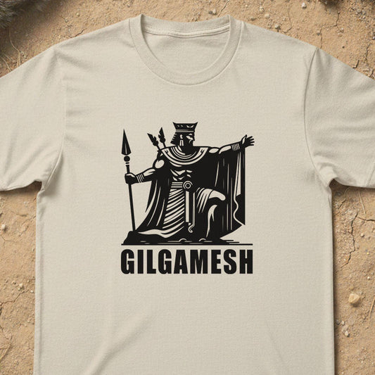 Beige t-shirt with black graphic and 'GILGAMESH' text on a textured beige background
