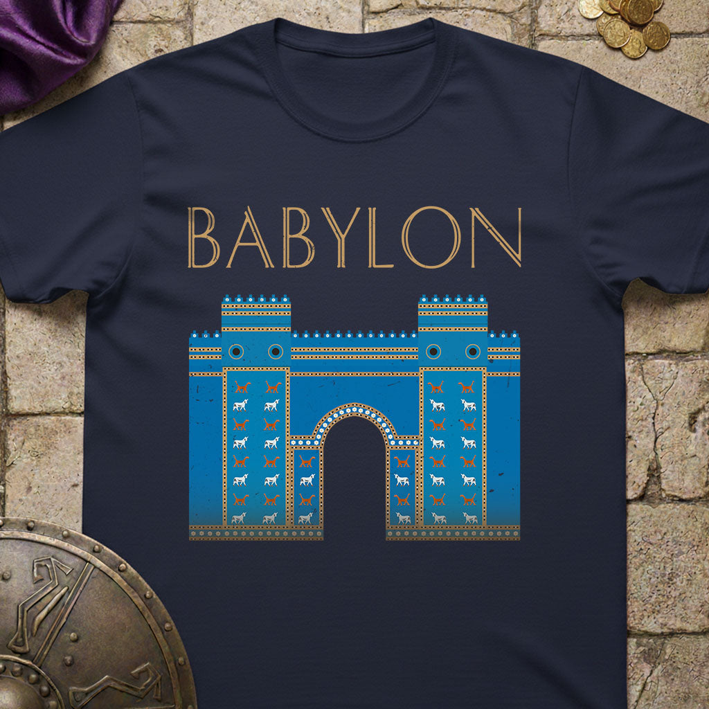 Navy blue t-shirt with Babylon graphic design on a stone background