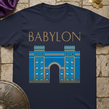 Navy blue t-shirt with Babylon graphic design on a stone background