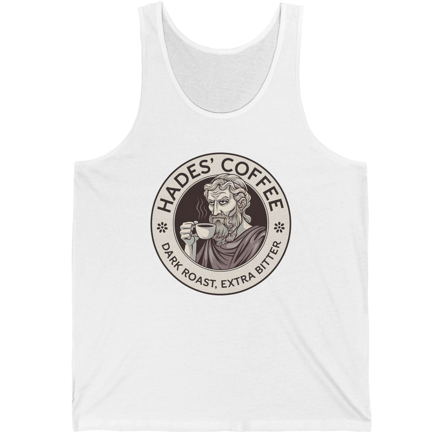 White tank top with 'Hades' Coffee' graphic on a white background
