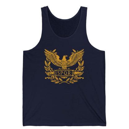 Navy tank top with gold eagle and 'SPQR' design on a white background