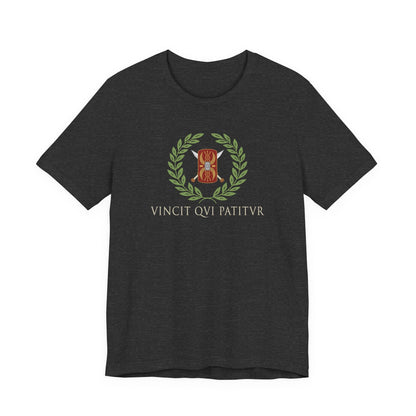 Dark Grey Heather / S He Conquers Who Endures Latin T-Shirt