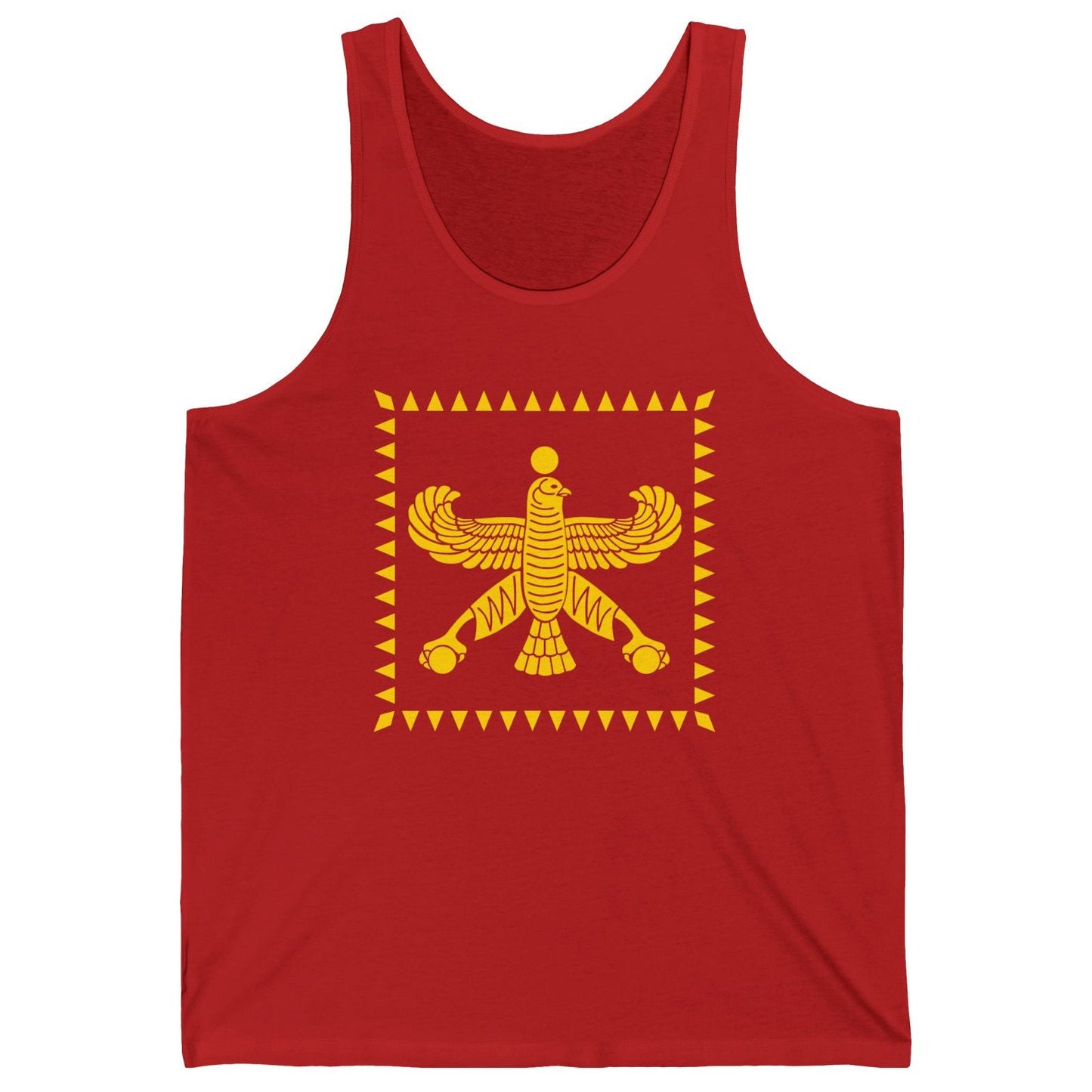 Red tank top with yellow emblem of Achaemenid Persia on a white background