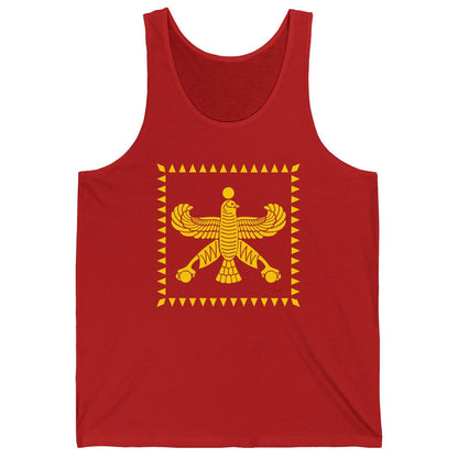 Red tank top with yellow emblem of Achaemenid Persia on a white background