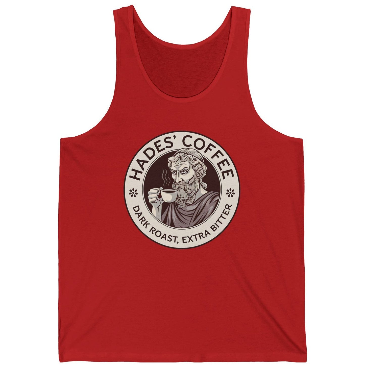 Red tank top with 'Hades' Coffee' graphic on a white background