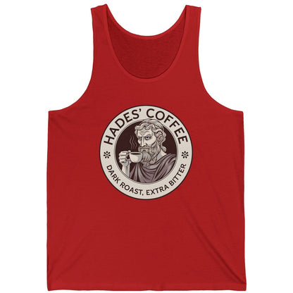 Red tank top with 'Hades' Coffee' graphic on a white background