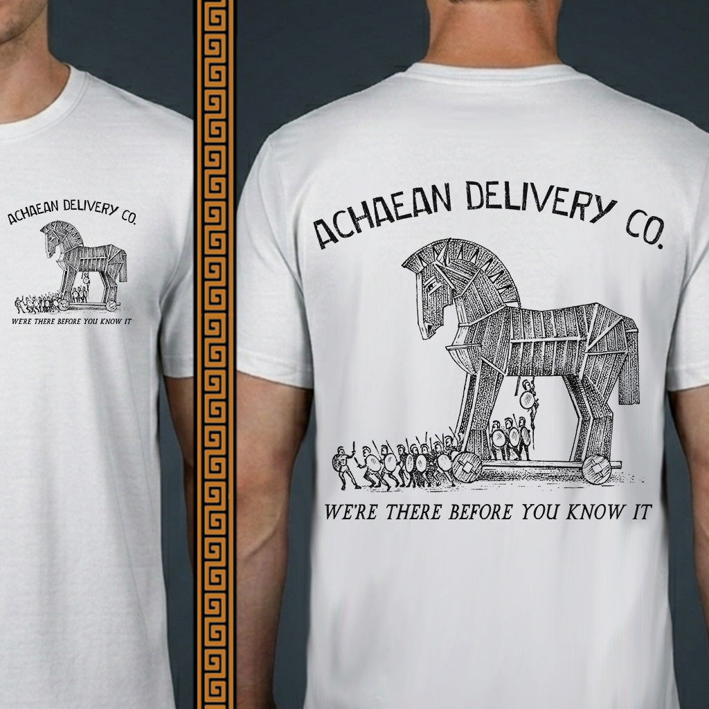 White t-shirt with 'Achaean Delivery Co.' design on front and back, featuring a Trojan horse illustration.