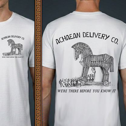 White t-shirt with 'Achaean Delivery Co.' design on front and back, featuring a Trojan horse illustration.