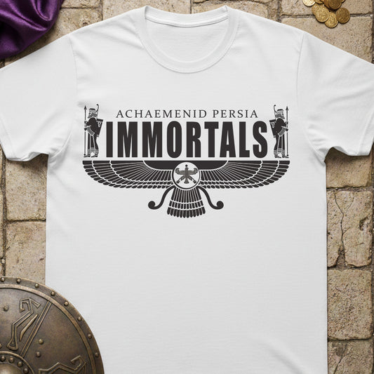 White t-shirt with 'Achaemenid Persia Immortals' design on a stone surface.