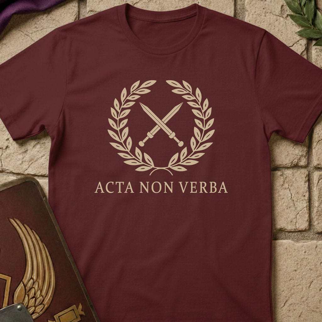 A maroon short-sleeve t-shirt with a gold graphic of crossed swords inside a laurel wreath and the text 'ACTA NON VERBA' printed below it. The shirt is displayed flat on a light stone background with decorative props.