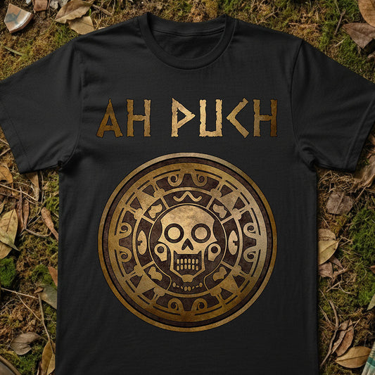 Black t-shirt with 'AH PUCH' and skull design on a natural background