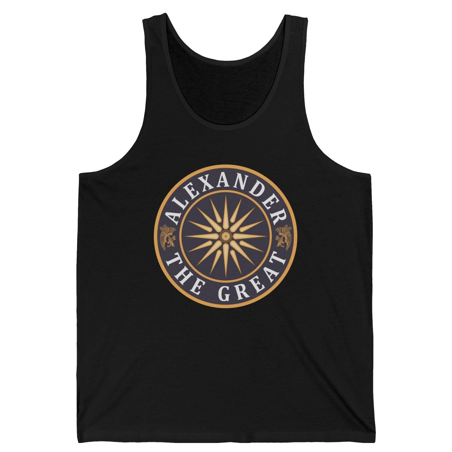Black tank top with white text Alexandert the Great on a white background