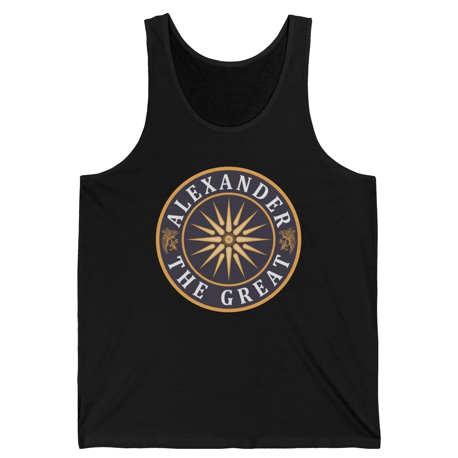Black tank top with white text Alexandert the Great on a white background