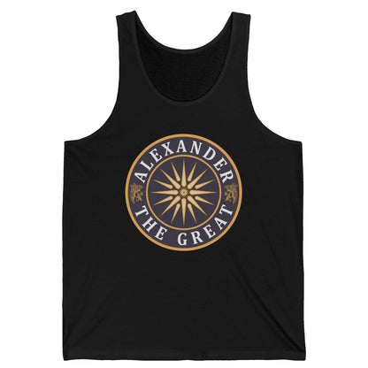 Black tank top with white text Alexandert the Great on a white background