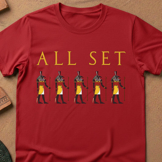 Red t-shirt with 'ALL SET' text and Egyptian god illustrations on a beige background