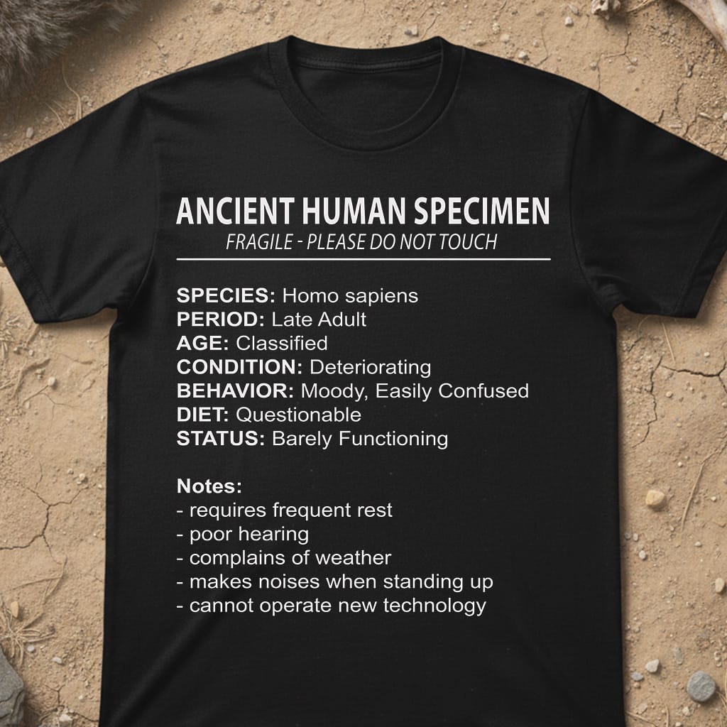 A black graphic t-shirt laid flat on a sandy ground. The shirt features white printed text that reads 'ANCIENT HUMAN SPECIMEN' followed by a humorous classification list for Homo sapiens and notes about it being fragile and requiring frequent rest.