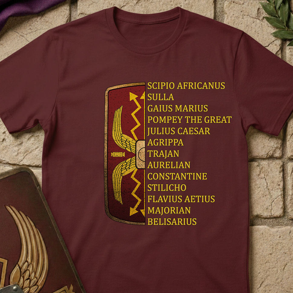 Maroon t-shirt with gold Roman generals design and text on a stone surface
