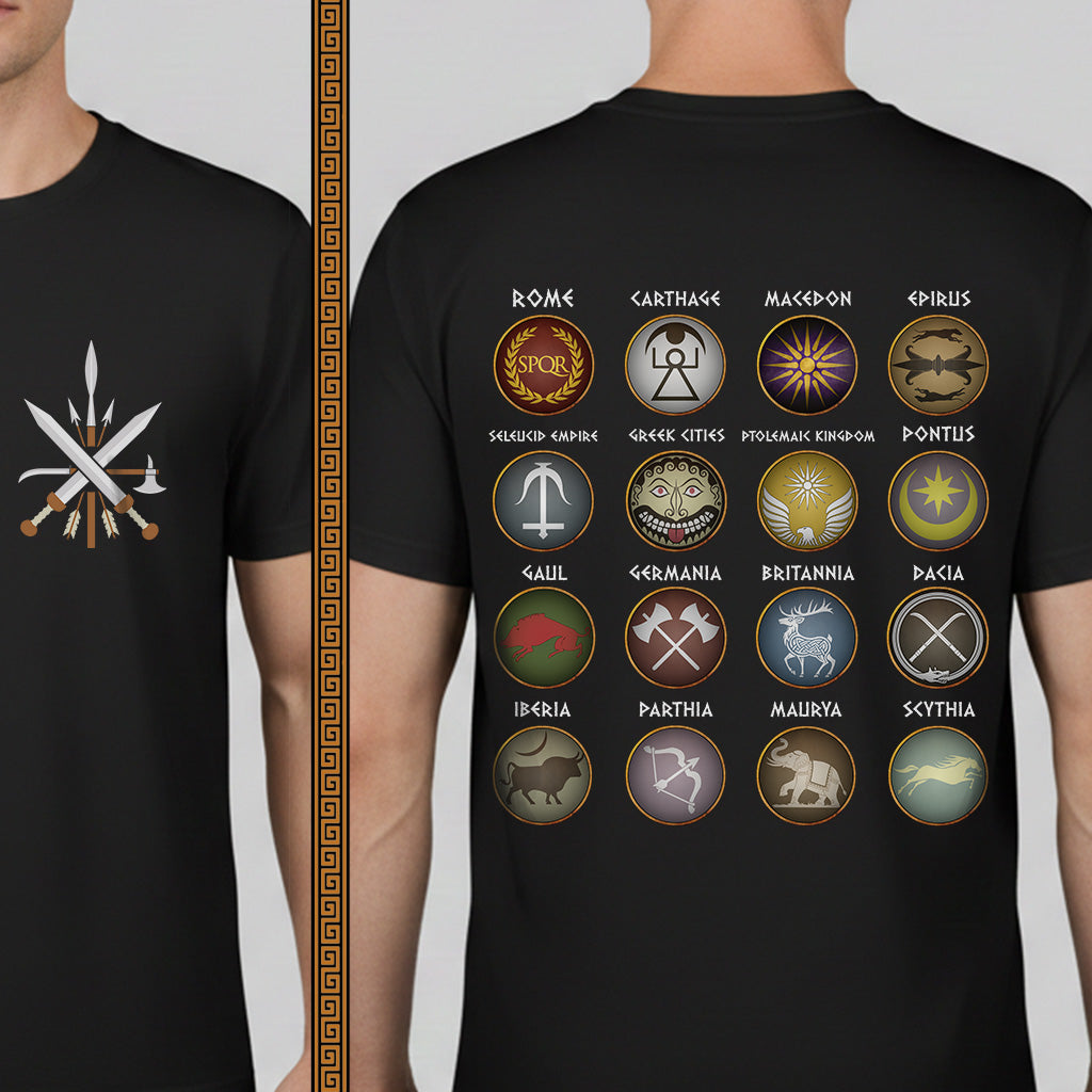 Black t-shirt with Roman and Greek symbols on the front and back