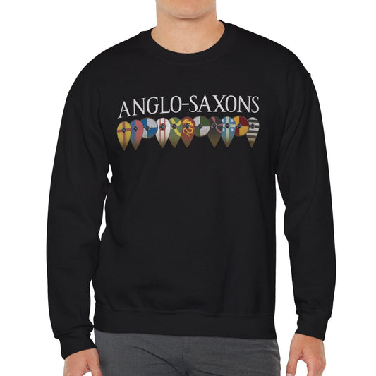 Person wearing a black sweatshirt with 'anglo-saxons' printed on it against a white background