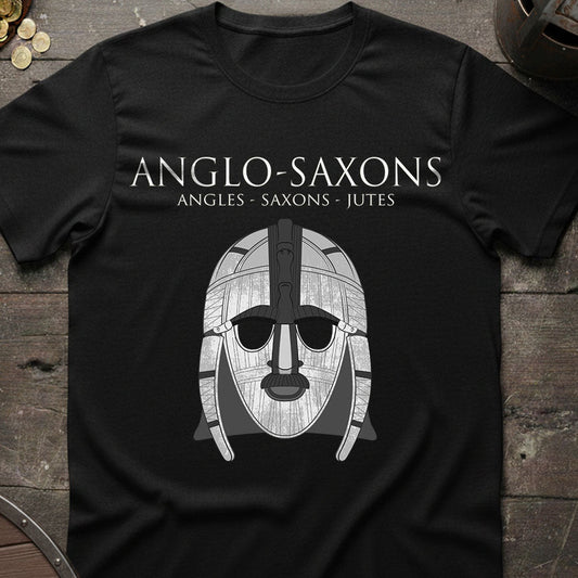 Black t-shirt with Anglo-Saxon helmet design and text on a wooden surface.