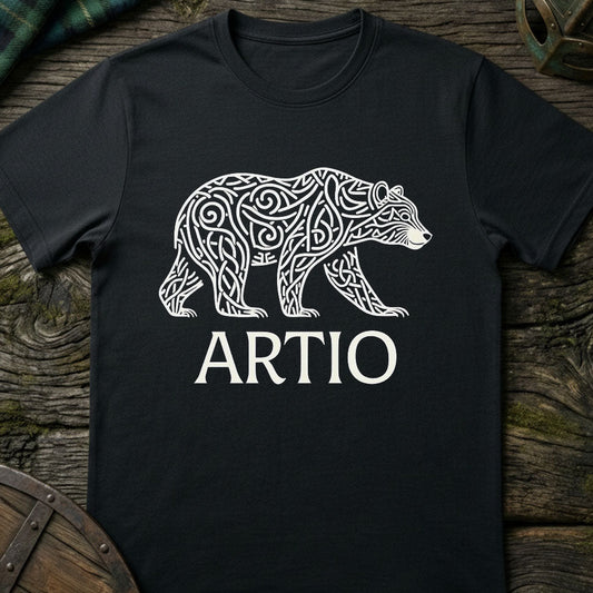 Black t-shirt with white bear design and 'ARTIO' text on a wooden surface