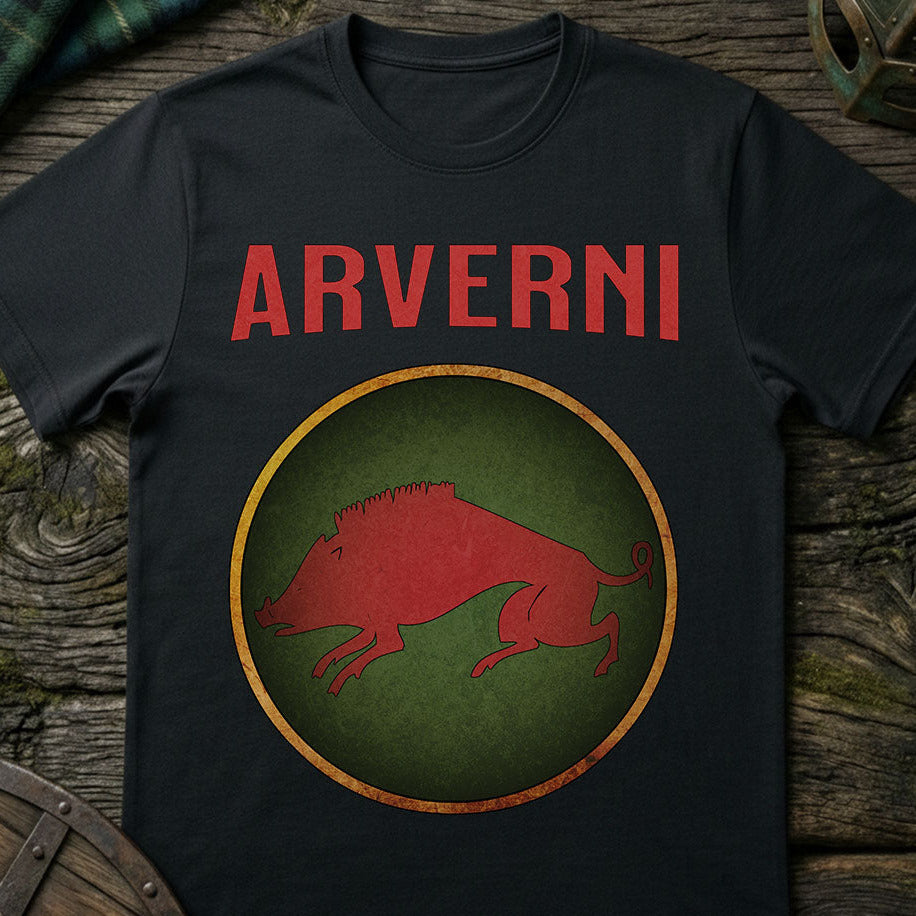 Black t-shirt with 'ARVERNI' and boar design on a wooden surface