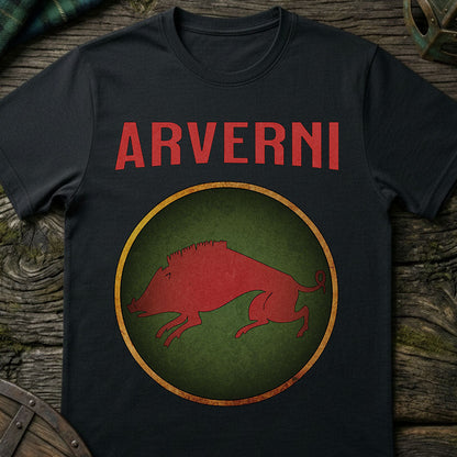 Black t-shirt with 'ARVERNI' and boar design on a wooden surface