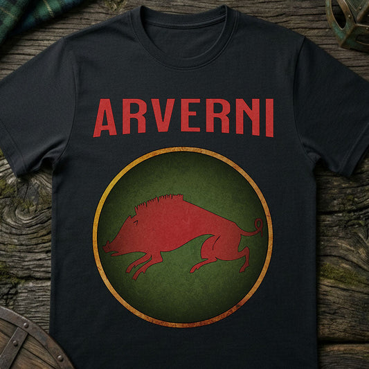 Black t-shirt with 'ARVERNI' and boar design on a wooden surface