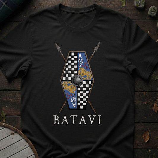 Black t-shirt with a shield and spear design and 'BATAVI' text on a wooden surface.