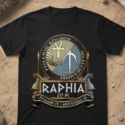 Battle of Raphia Black t-shirt with historical design on a textured beige background