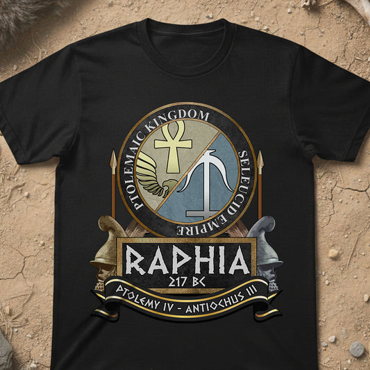 Battle of Raphia Black t-shirt with historical design on a textured beige background